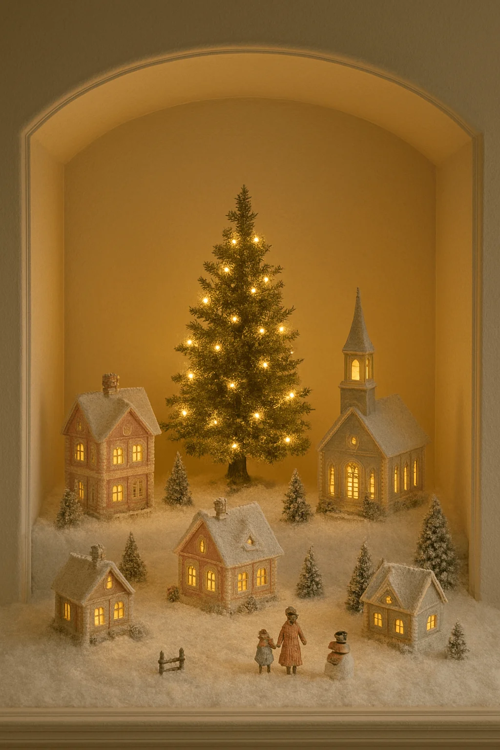 Cozy Christmas village display set inside a wall alcove, featuring illuminated miniature houses, a glowing Christmas tree, snow-covered scenery, and figurines of a family and snowman