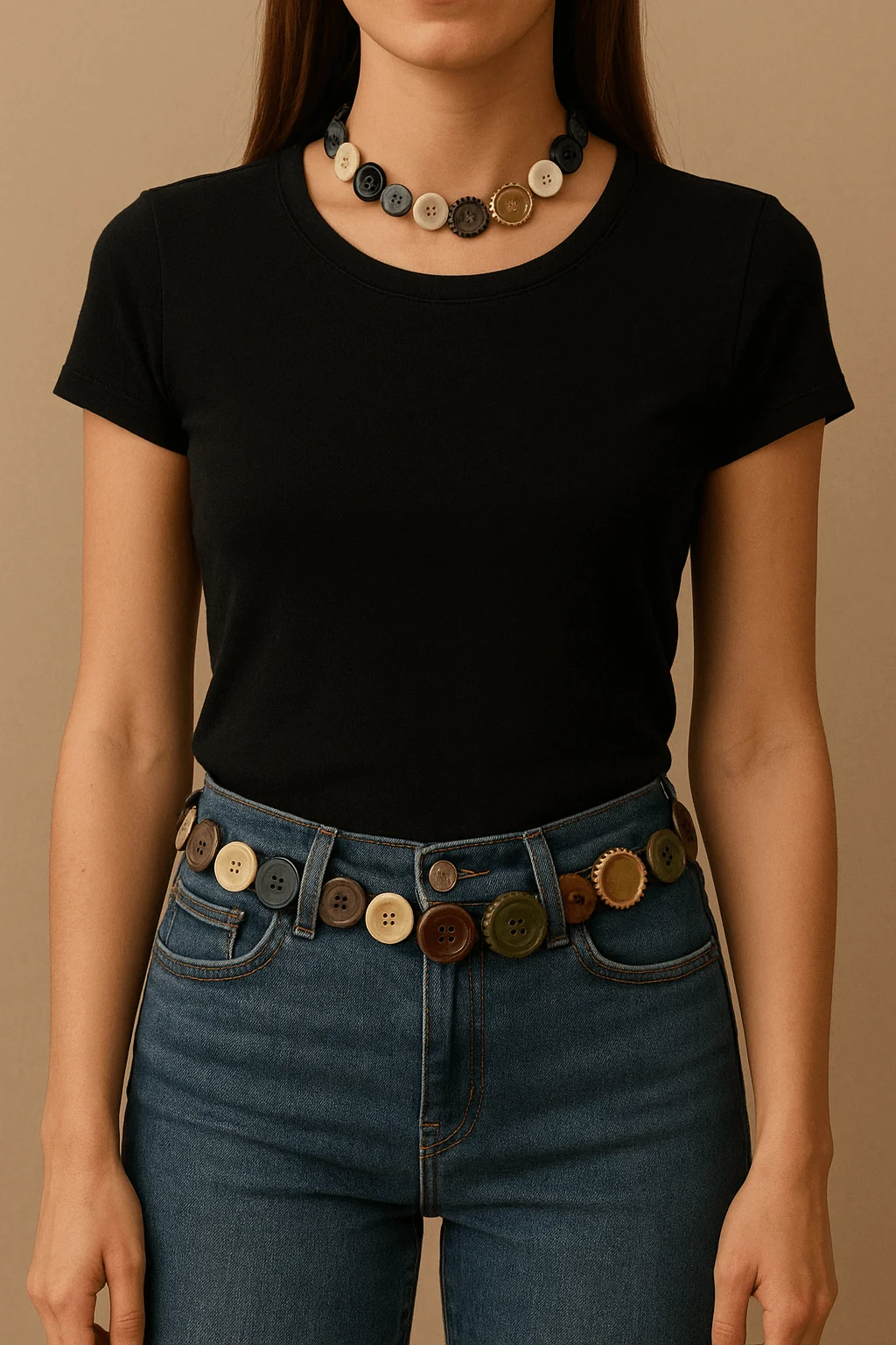 DIY fashion accessories made from upcycled buttons and bottle caps, featuring button necklace and button belt with jeans