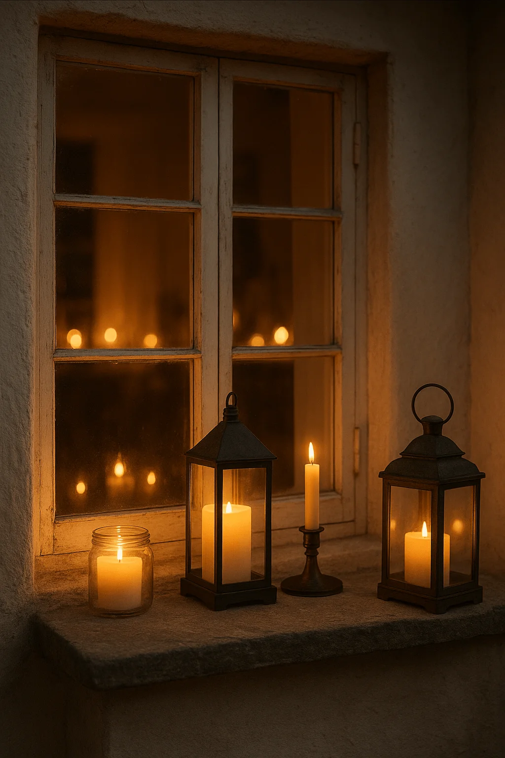 Cozy holiday window display with glowing lanterns and candles on a stone ledge, casting warm light through rustic window panes