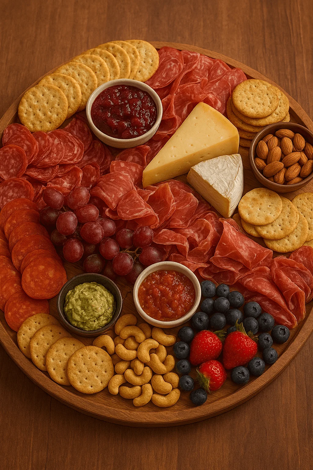 Festive charcuterie board with assorted cured meats, cheeses, crackers, nuts, fresh berries, grapes, guacamole, salsa, and jam, beautifully arranged on a wooden platter