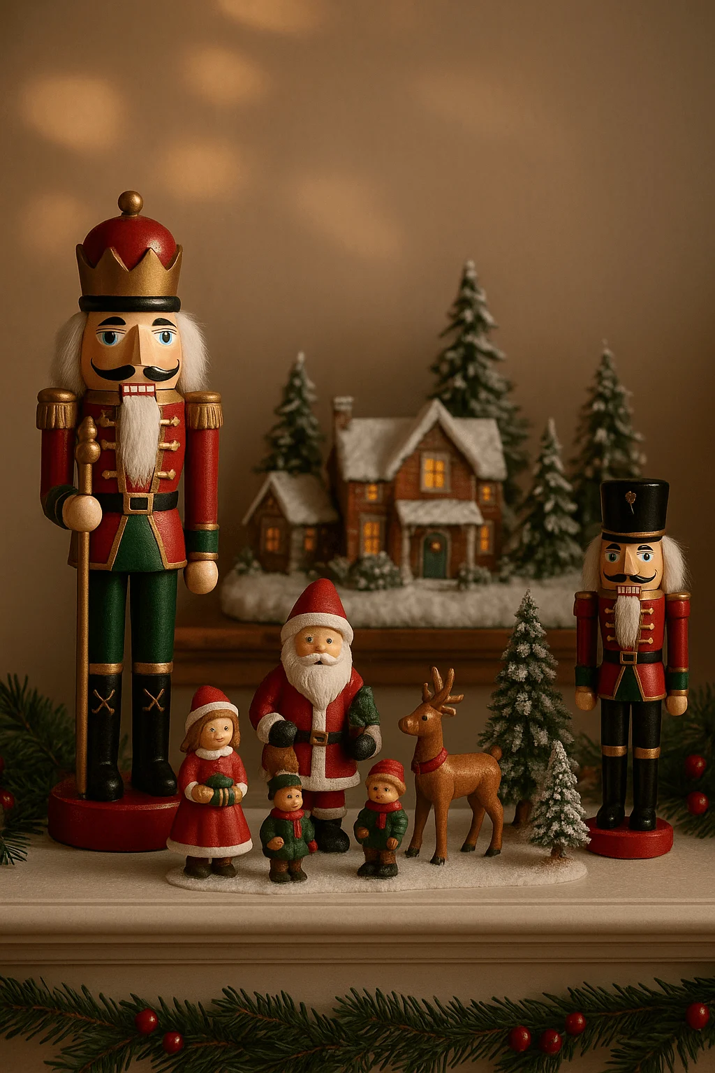 Christmas collectible holiday scene with wooden nutcrackers, Santa figurines, reindeer, children, and snow-covered cottage with pine trees on a festive mantel display.