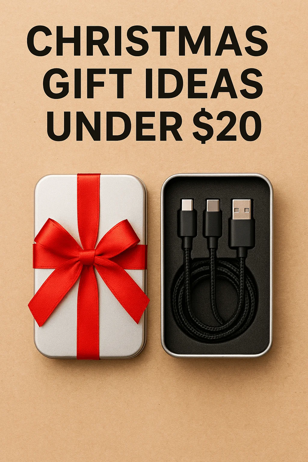 A compact charging cable gift set with a USB and USB-C cord in a metal box beside a matching tin wrapped with a red ribbon bow, labeled Christmas gift ideas under 20 dollars.