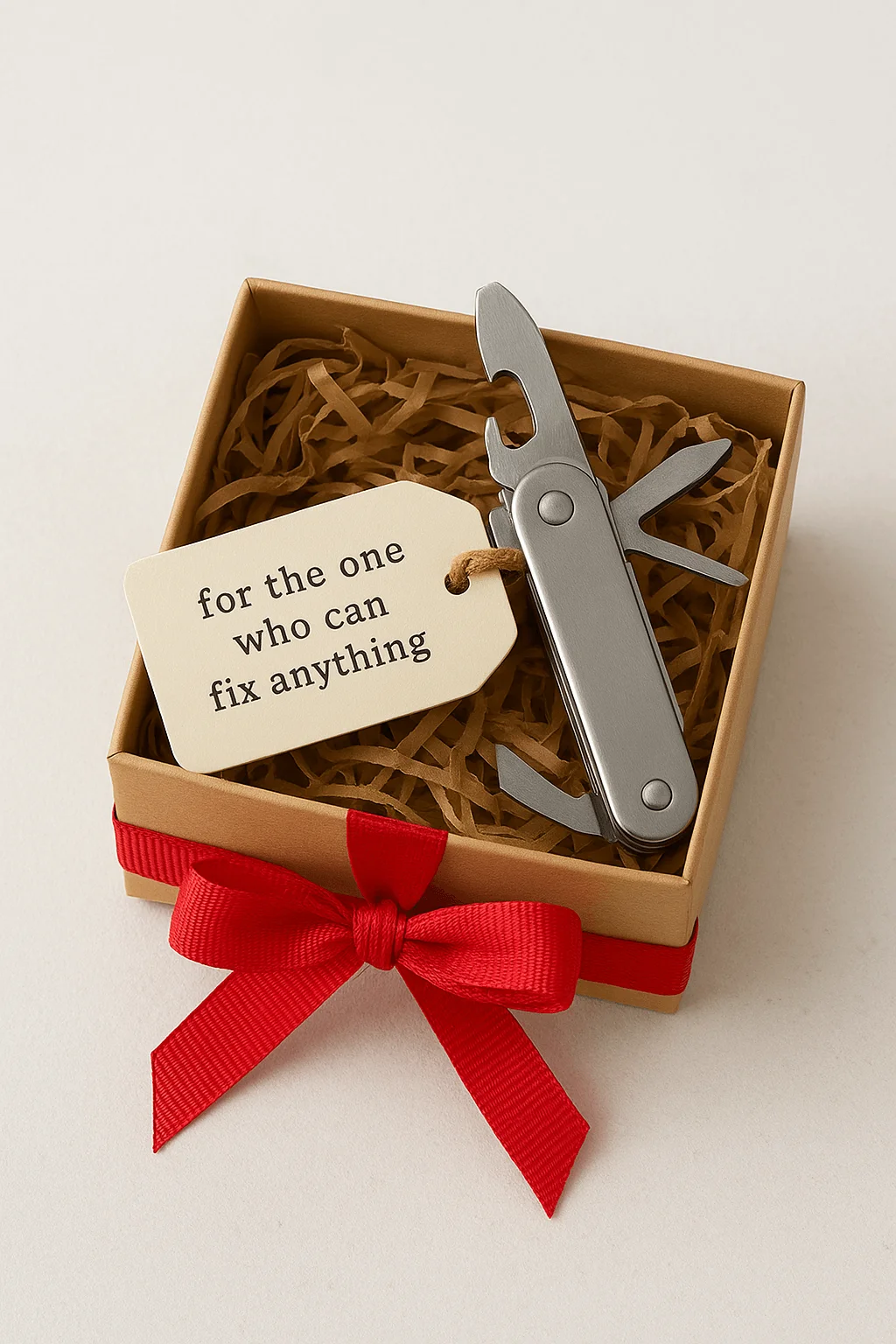 Compact silver multi-tool gift set in a brown box with red ribbon and tag reading ‘for the one who can fix anything,’ displayed on a white background