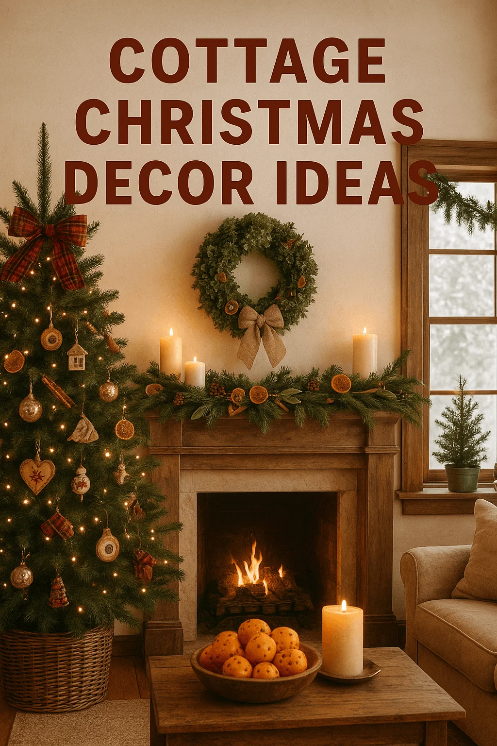 Cozy cottage Christmas living room with a decorated tree featuring natural ornaments and a plaid bow, a garland with dried oranges and candles on the wooden mantel, a green wreath with a burlap ribbon above the fireplace, and a bowl of cloved oranges on the coffee table.