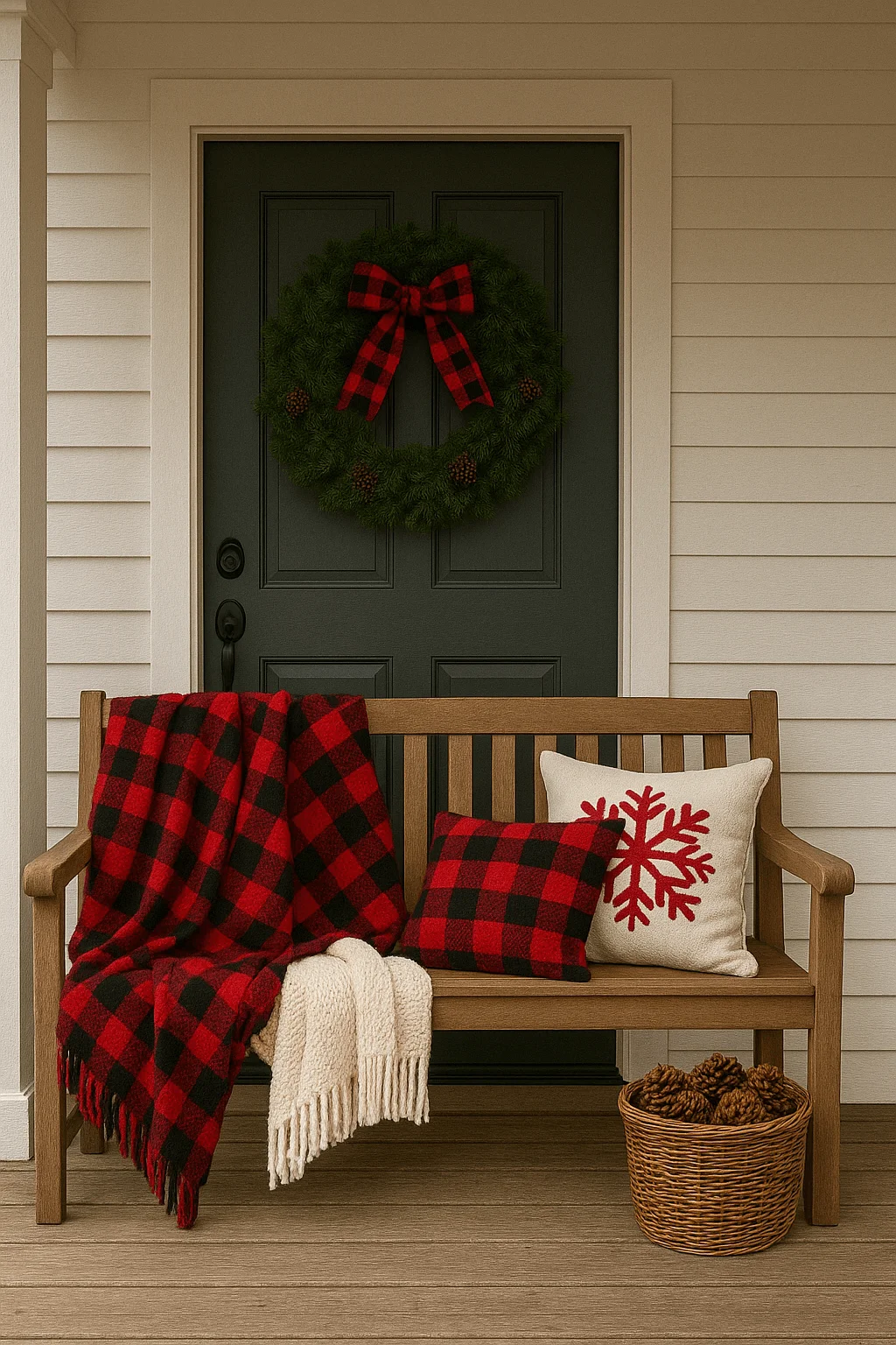 Front porch decorated for Christmas with a green wreath and buffalo plaid bow on the door, wooden bench with red plaid blanket, holiday pillows, and basket of pinecones.