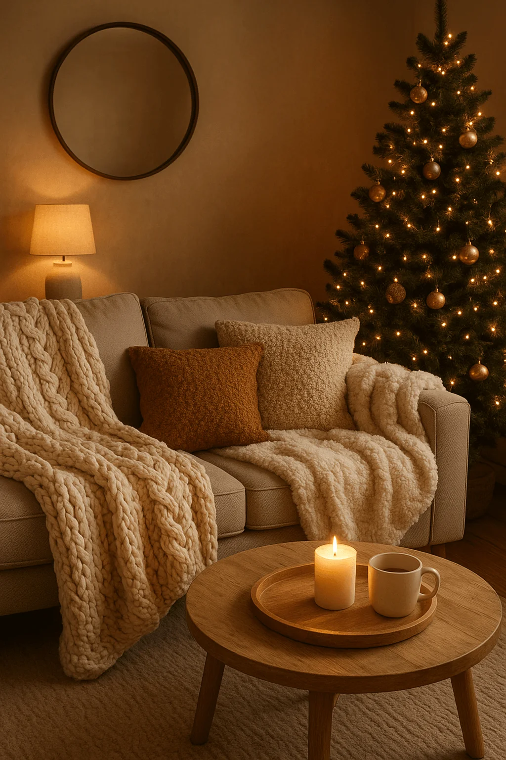 Cozy living room with warm lighting beige sofa chunky knit blankets soft pillows wooden coffee table with candle and mug and a Christmas tree decorated with golden ornaments