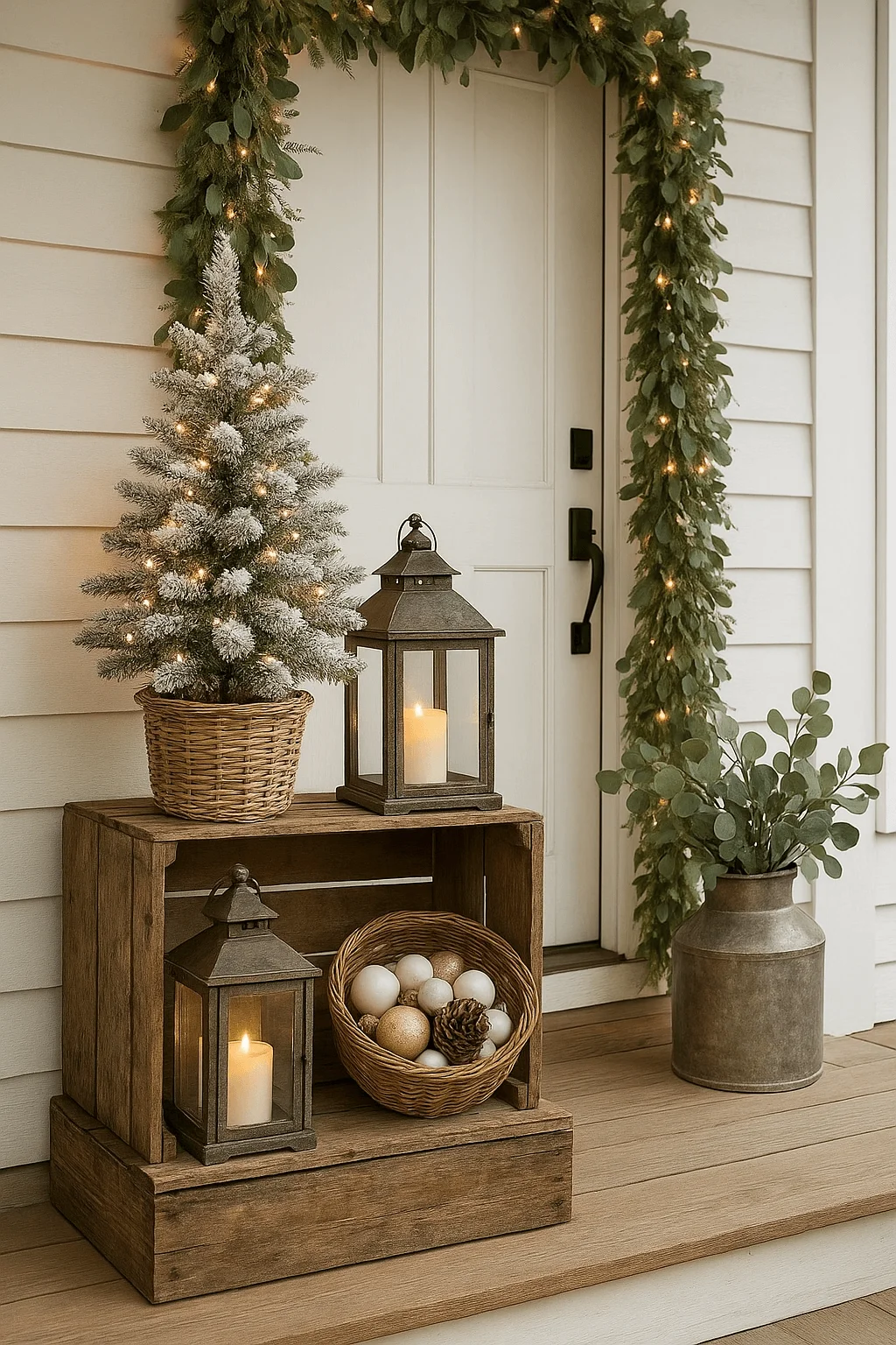 Farmhouse porch decorated with a frosted mini Christmas tree in a wicker basket, rustic wooden crates, lanterns with candles, a basket of ornaments, and greenery garland with string lights around the door.