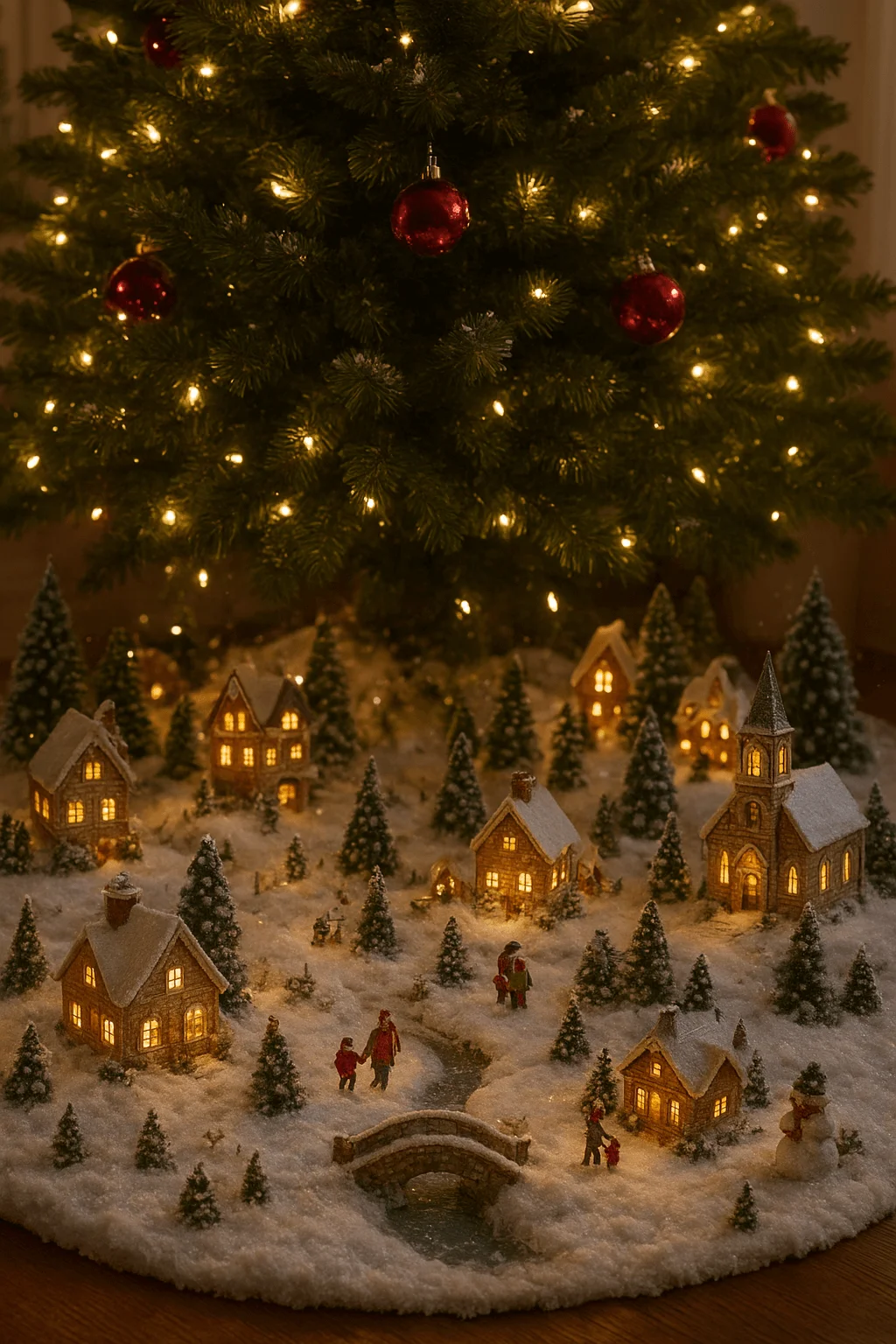 Cozy miniature Christmas village with glowing houses, snowy landscape, and tiny figurines displayed under a decorated Christmas tree with warm fairy lights and red ornaments