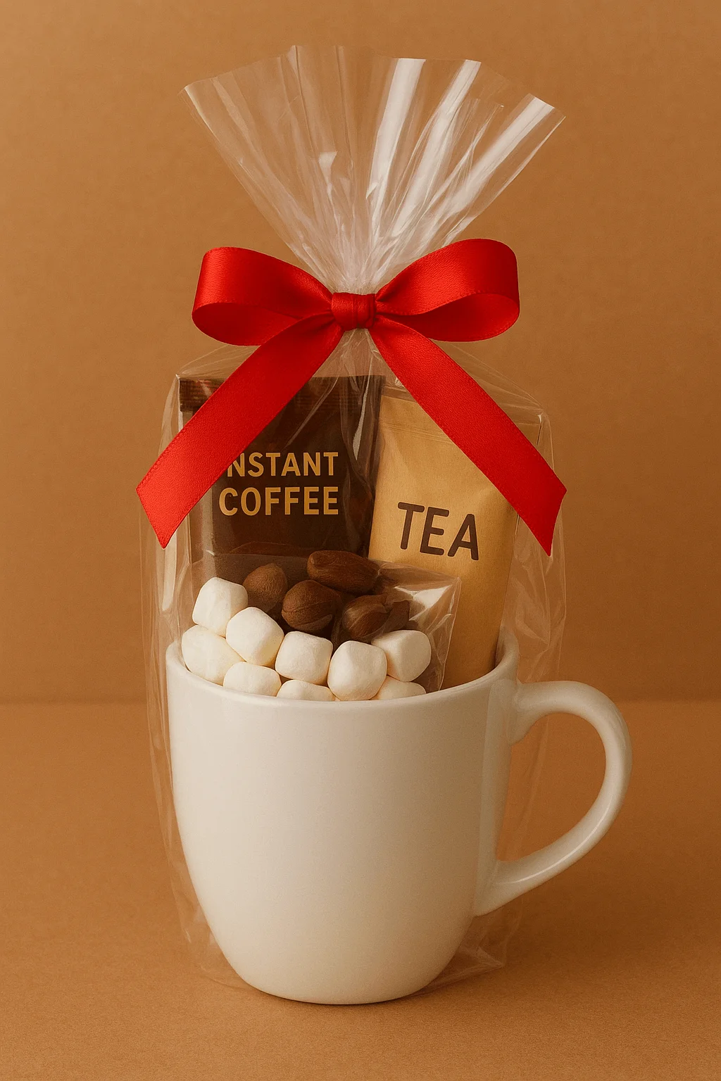 White ceramic mug gift set wrapped in clear cellophane with a red ribbon, filled with instant coffee, tea packets, and mini marshmallows on a brown background.