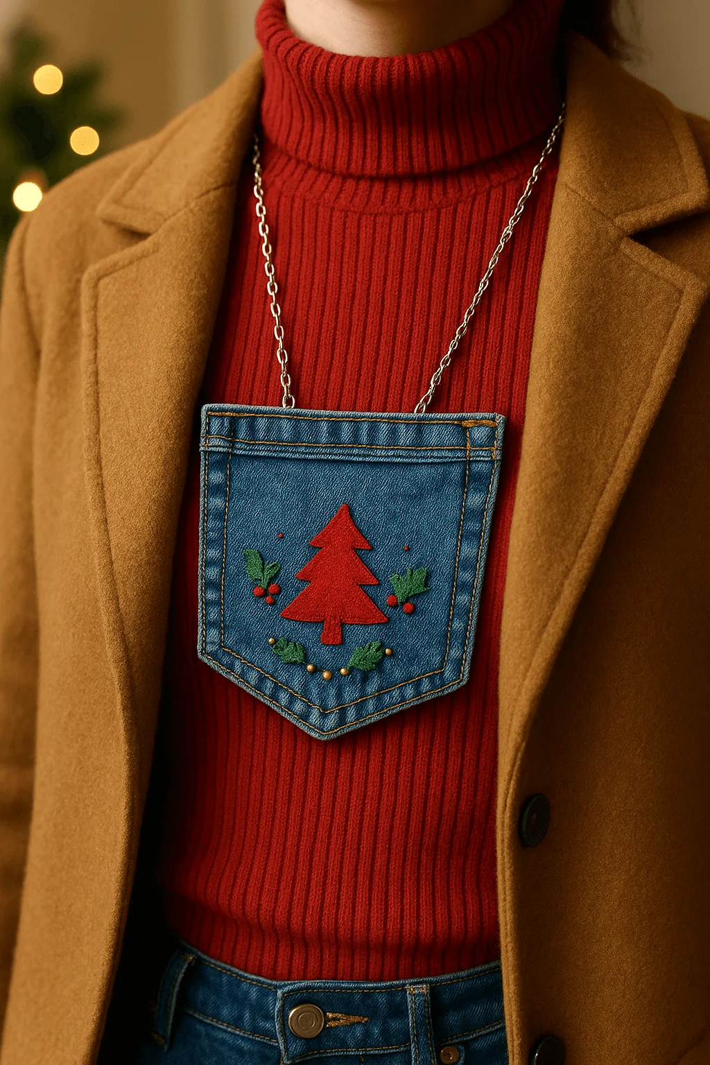DIY denim pocket necklace decorated with felt Christmas tree and holly embroidery on red turtleneck sweater