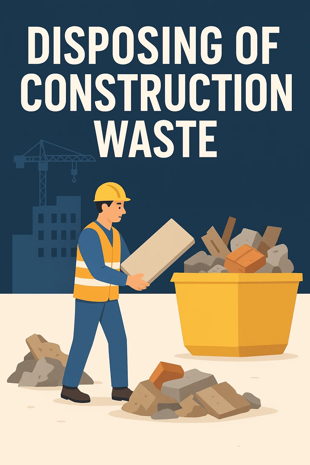 Construction worker wearing safety gear disposing of debris and bricks into a waste container at a construction site