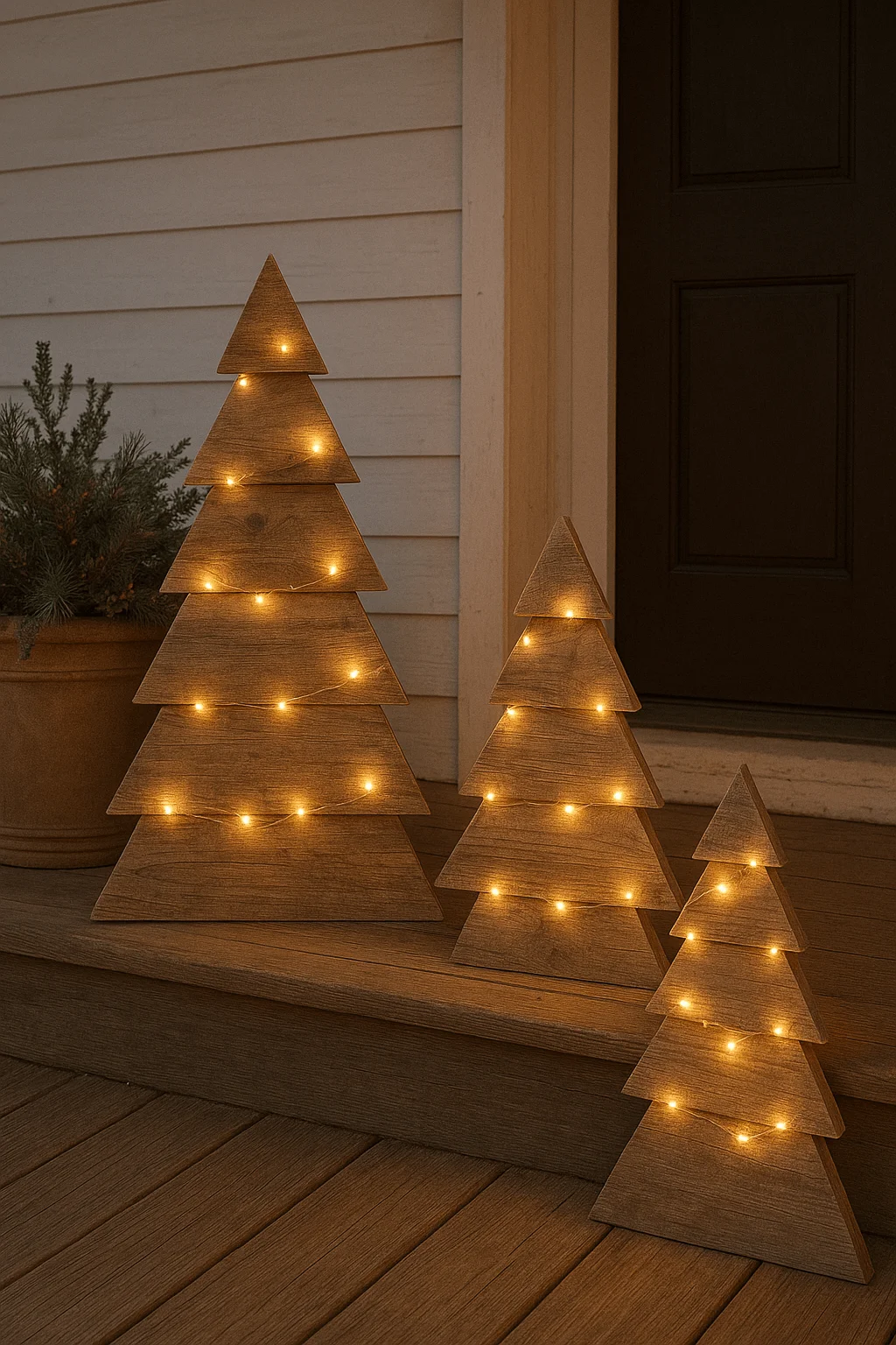 Rustic DIY wooden Christmas trees decorated with warm string lights on a cozy front porch by a dark door.