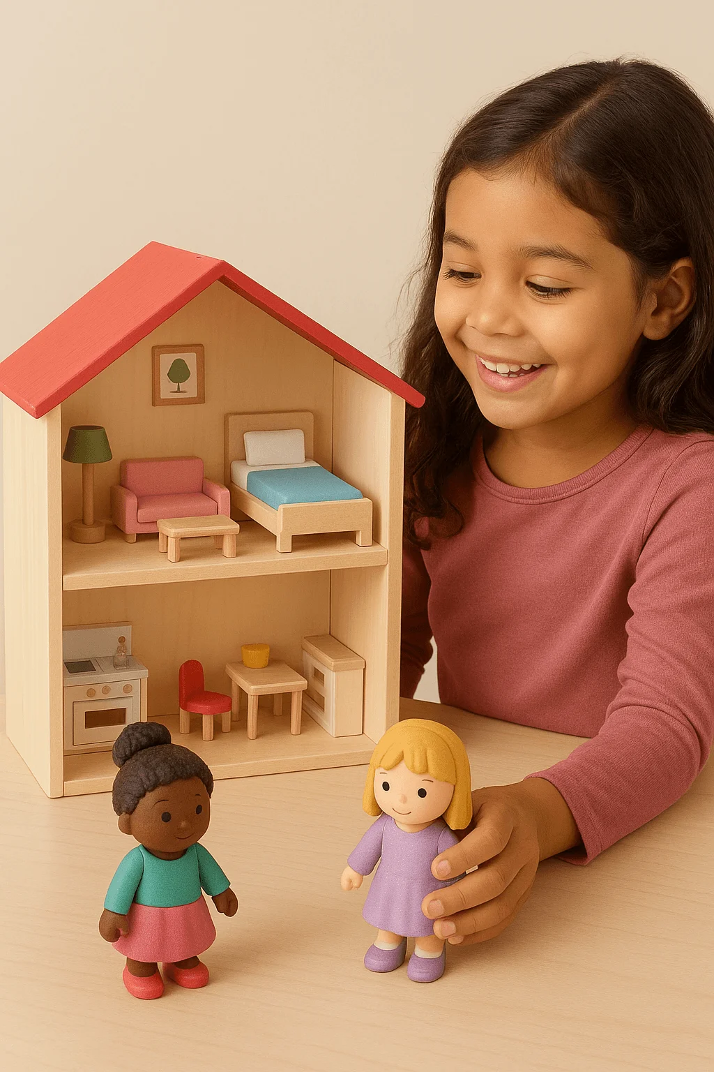 Smiling child playing with a wooden dollhouse and two toy dolls, with miniature furniture including a bed, sofa, table, and kitchen set inside the house