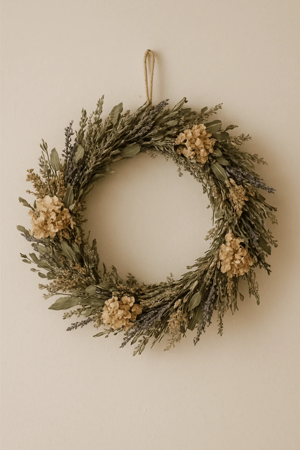 Minimalist dried flower and herb wreath with neutral blooms and greenery hanging on a beige wall.