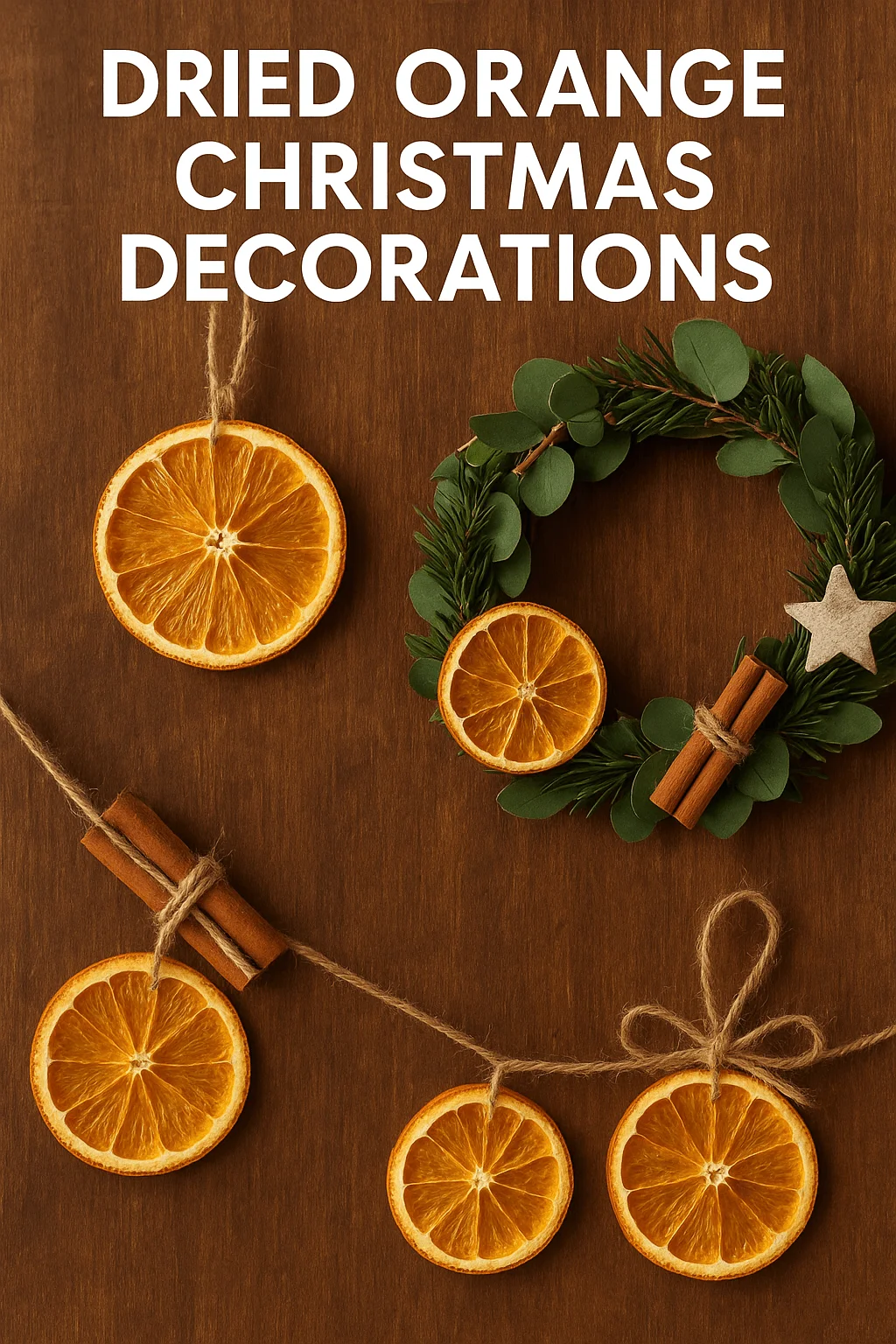 Natural dried orange Christmas decorations — featuring sliced dried oranges, cinnamon sticks, eucalyptus, and a mini evergreen wreath arranged on rustic brown background