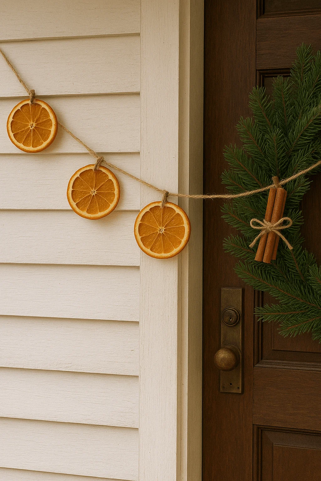 Rustic Christmas porch decor with a garland made of dried orange slices on twine, paired with evergreen sprigs and tied cinnamon stick bundles by a wooden front door.