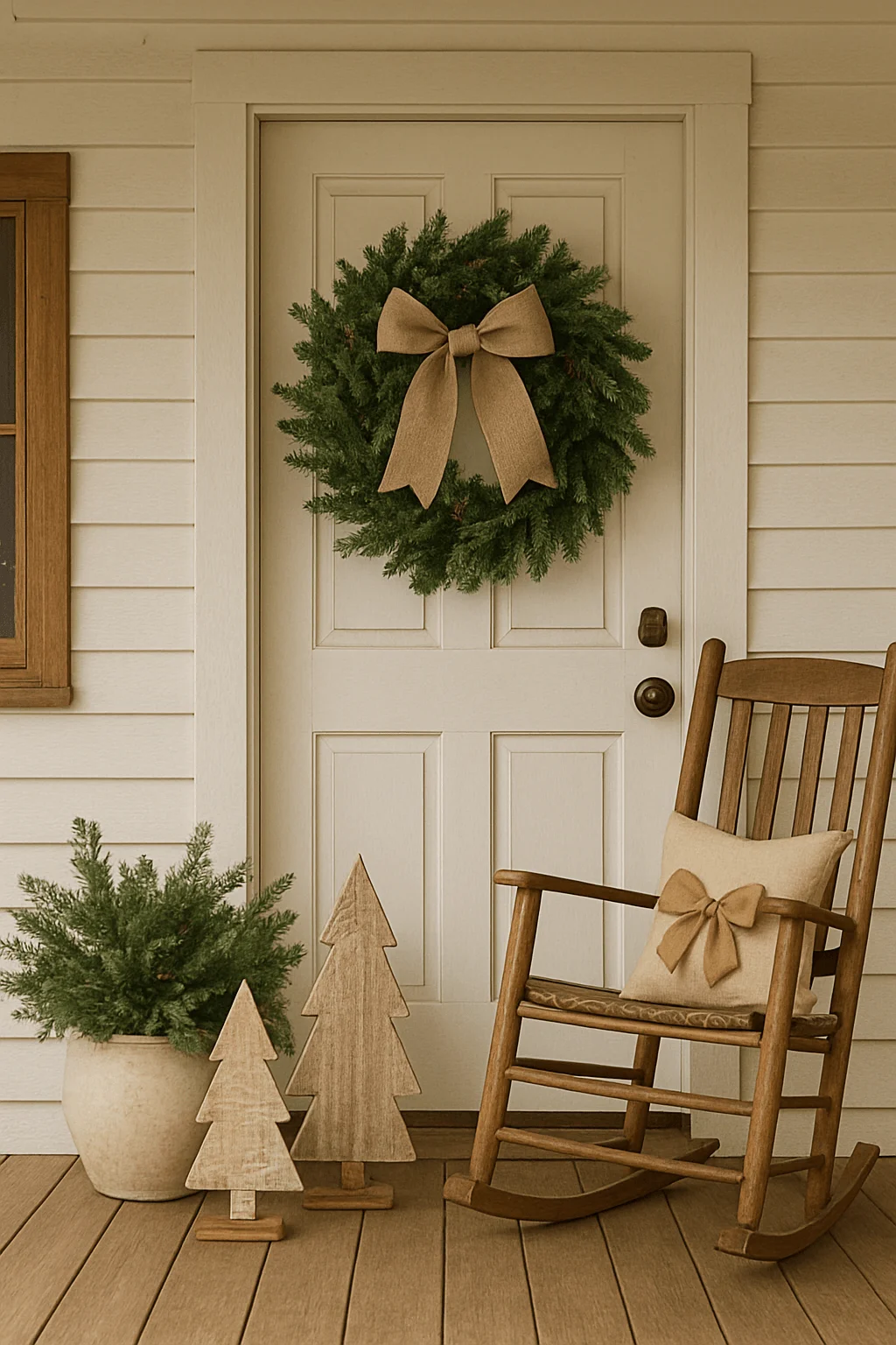 Eco-friendly farmhouse Christmas porch with a simple evergreen wreath tied with a burlap bow on the door, rustic wooden rocking chair with a matching pillow, wooden Christmas tree cutouts, and a potted evergreen in a neutral clay planter.