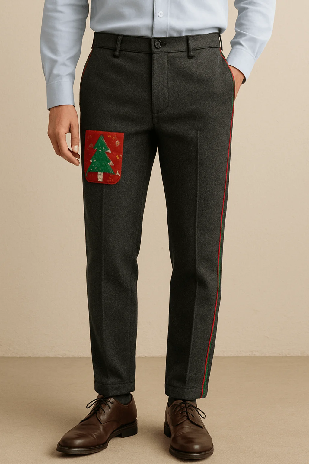 Men’s gray dress trousers with red Christmas tree patch pocket and festive side stripe detail
