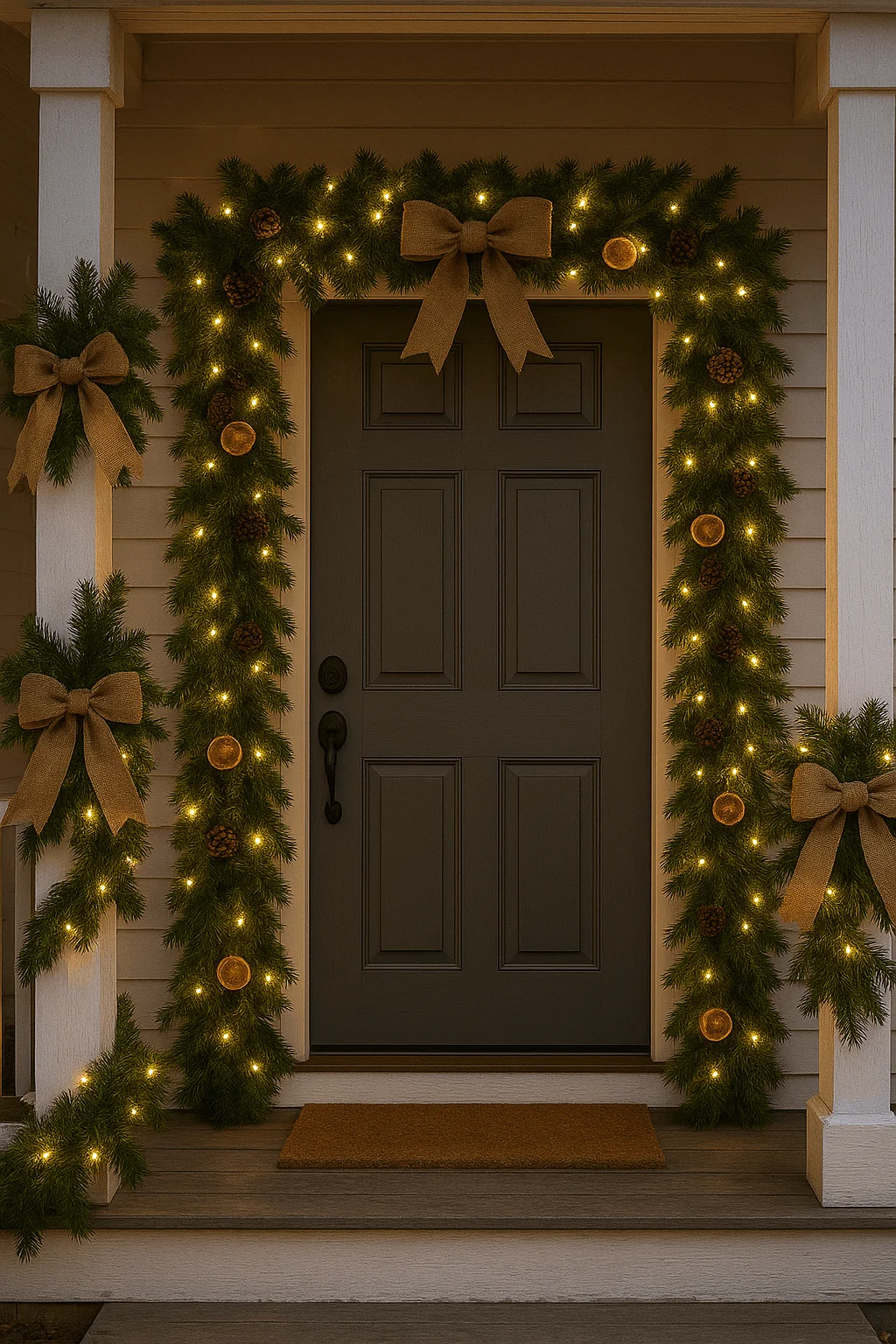 Front porch decorated with evergreen garland and warm white Christmas lights framing a black door, accented with burlap bows, pinecones, and dried orange slices