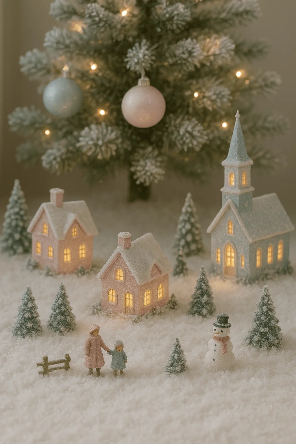 Pastel-colored miniature Christmas village with softly glowing houses, snow-covered trees, and a decorated Christmas tree in the background, creating a cozy winter scene in neutral tones.
