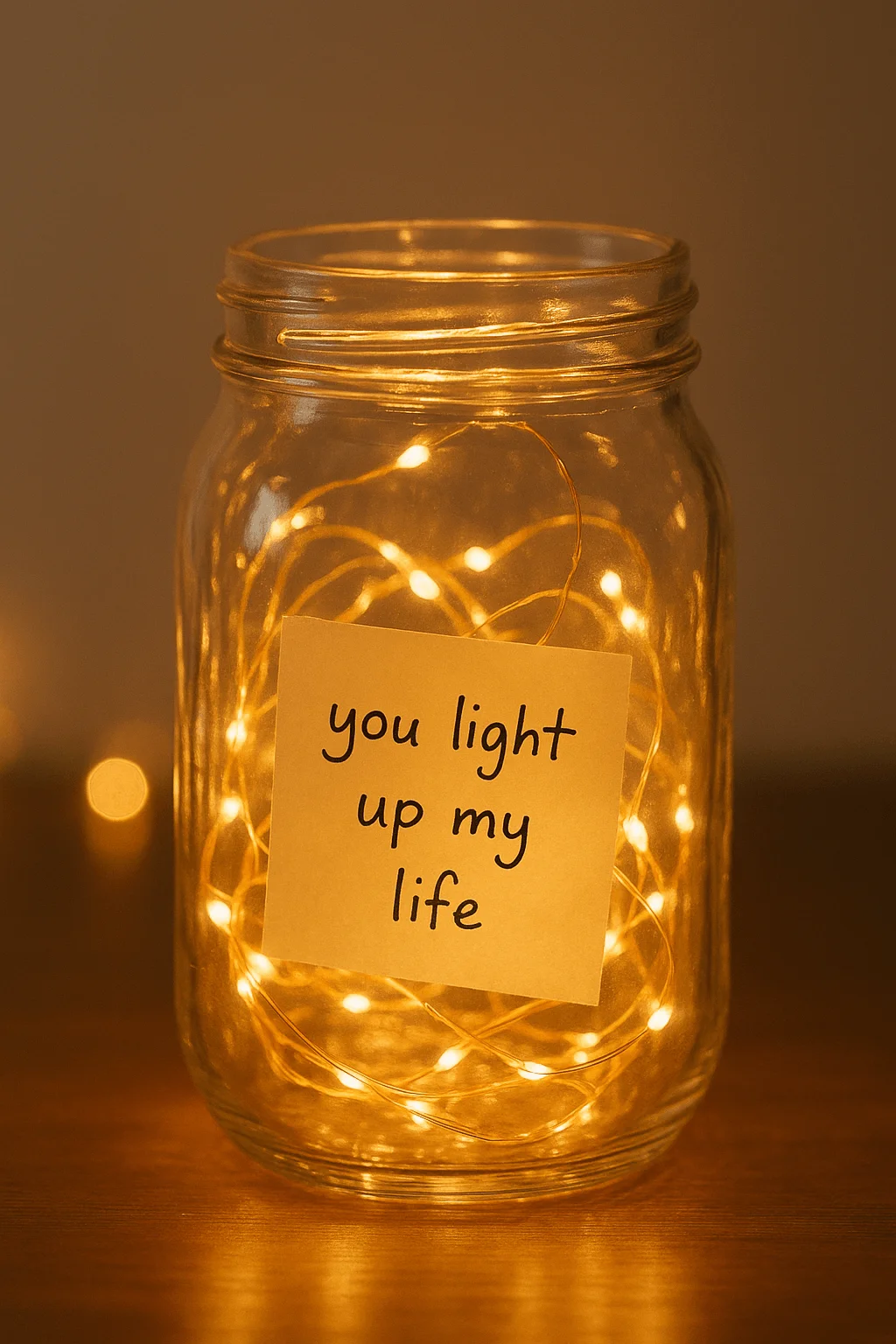 A glass jar filled with warm fairy lights and a note that says you light up my life.