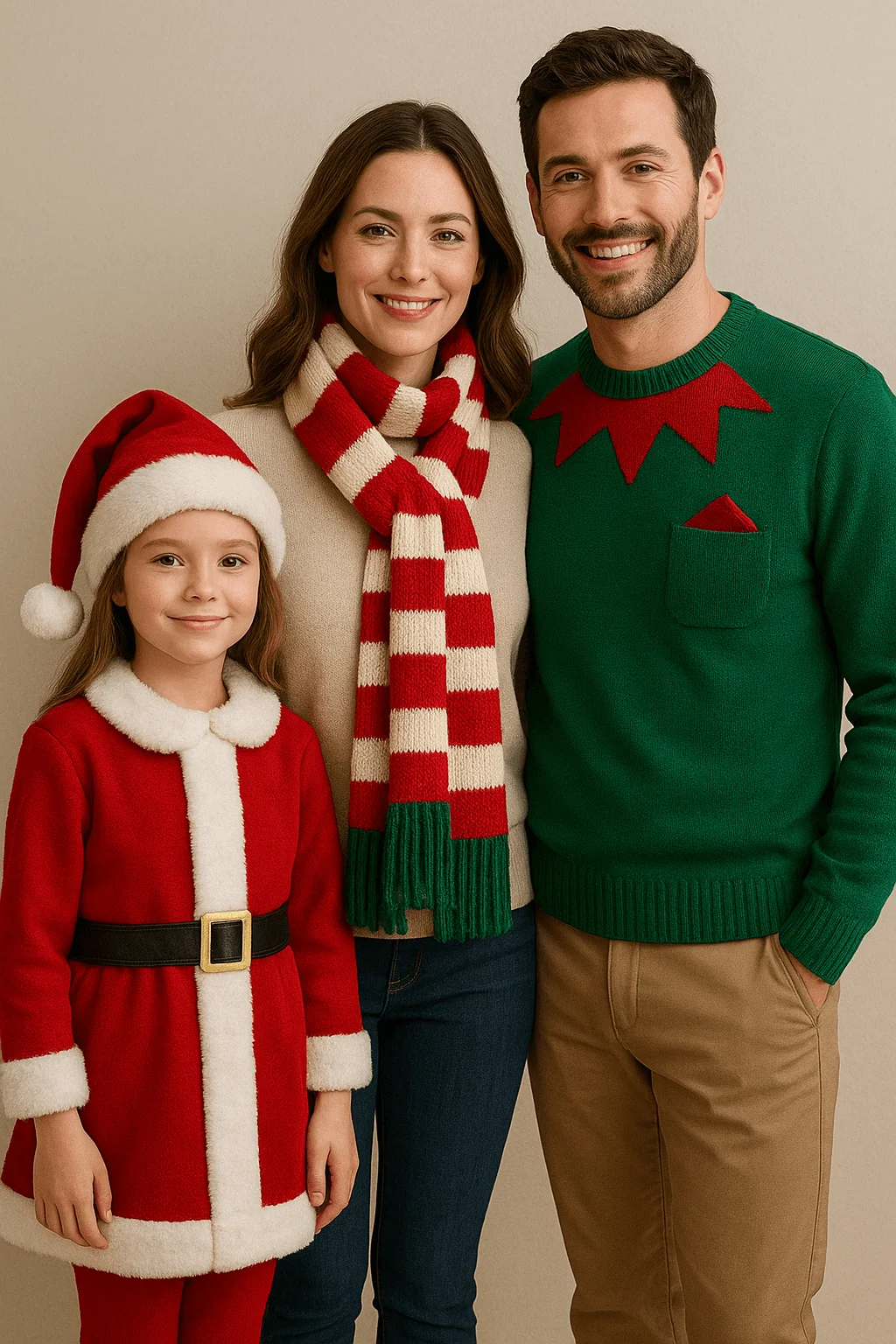 "Family wearing upcycled Christmas outfits made from old costumes, including a Santa dress, striped holiday scarf, and green elf-inspired sweater