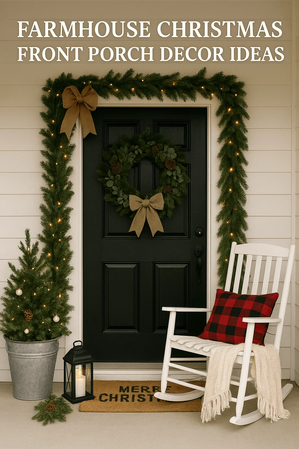 Farmhouse Christmas front porch decor with black door wreath, evergreen garland, galvanized planter tree, lantern, and white rocking chair with buffalo plaid pillow.