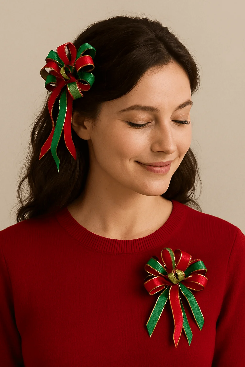 DIY festive ribbon accessories styled as Christmas bow hairpiece and corsage on red sweater