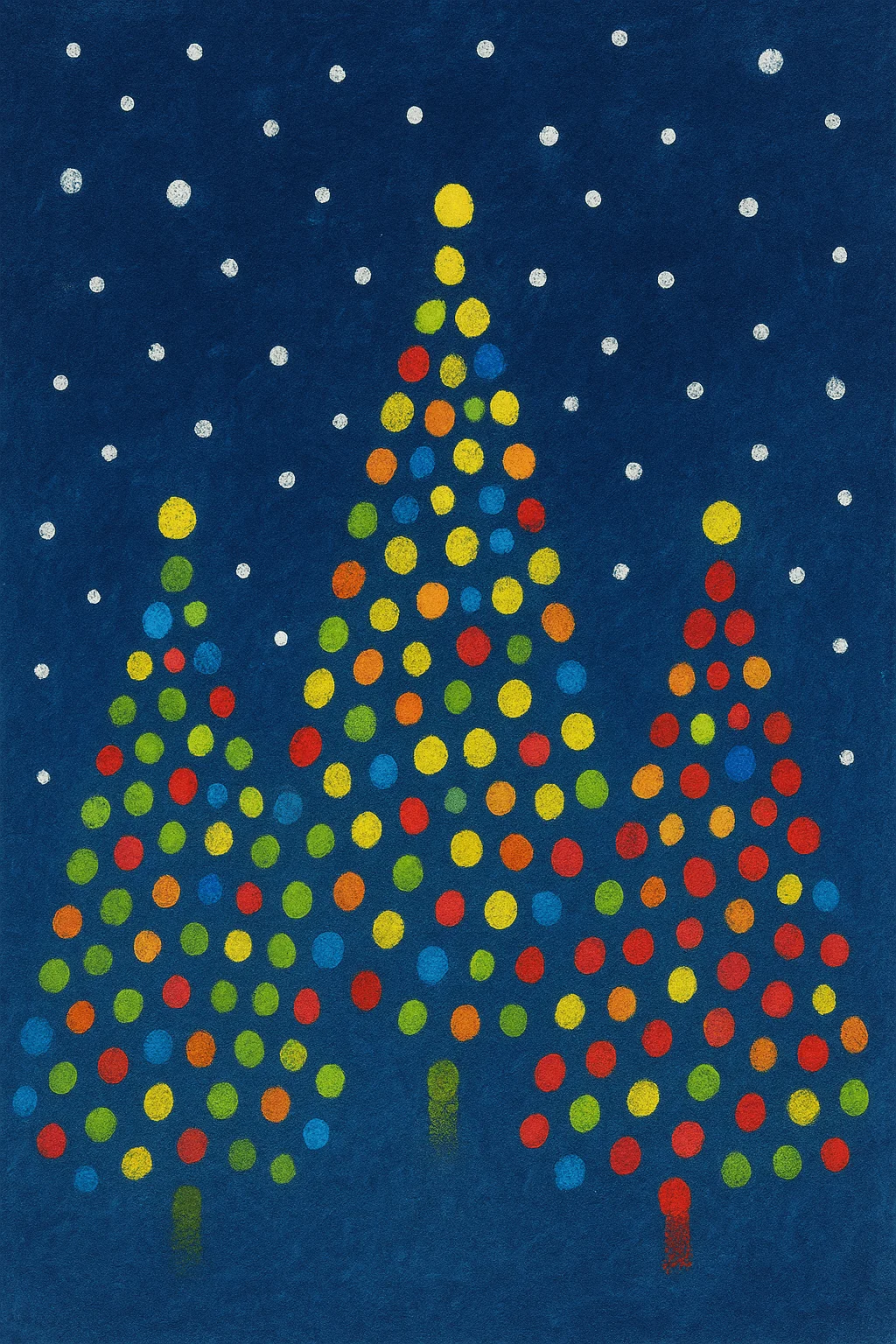 Colorful fingerprint Christmas tree card design with three dotted trees in red, green, yellow, and blue on a dark blue background with white snowflakes