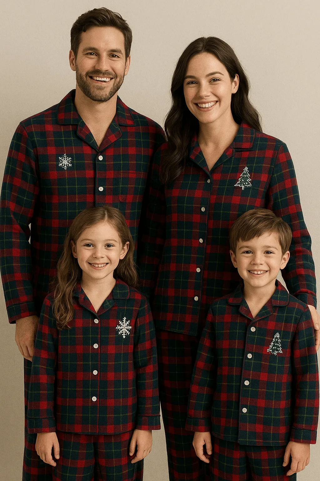 Smiling family wearing matching red and green plaid flannel Christmas pajamas with snowflake and tree embroidery