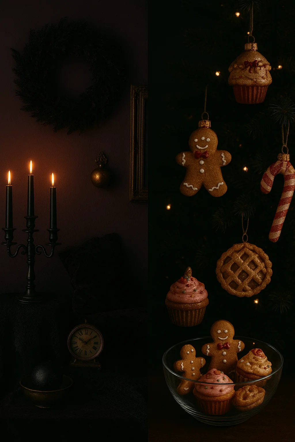 A cozy and whimsical food-themed Christmas decor featuring ornaments shaped like gingerbread men, cupcakes, candy canes, and pies. The warm, moody lighting and dark backdrop create a nostalgic yet elegant feel, perfect for a playful twist on classic holiday charm with a touch of vintage sophistication.