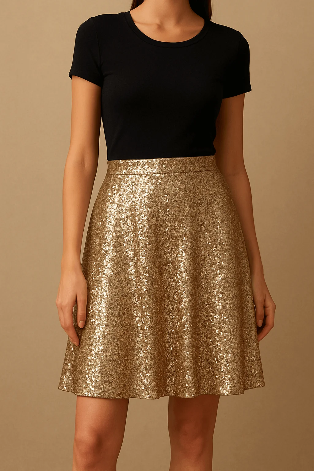Women’s gold sequin A-line skirt styled with black top, sparkly holiday party outfit