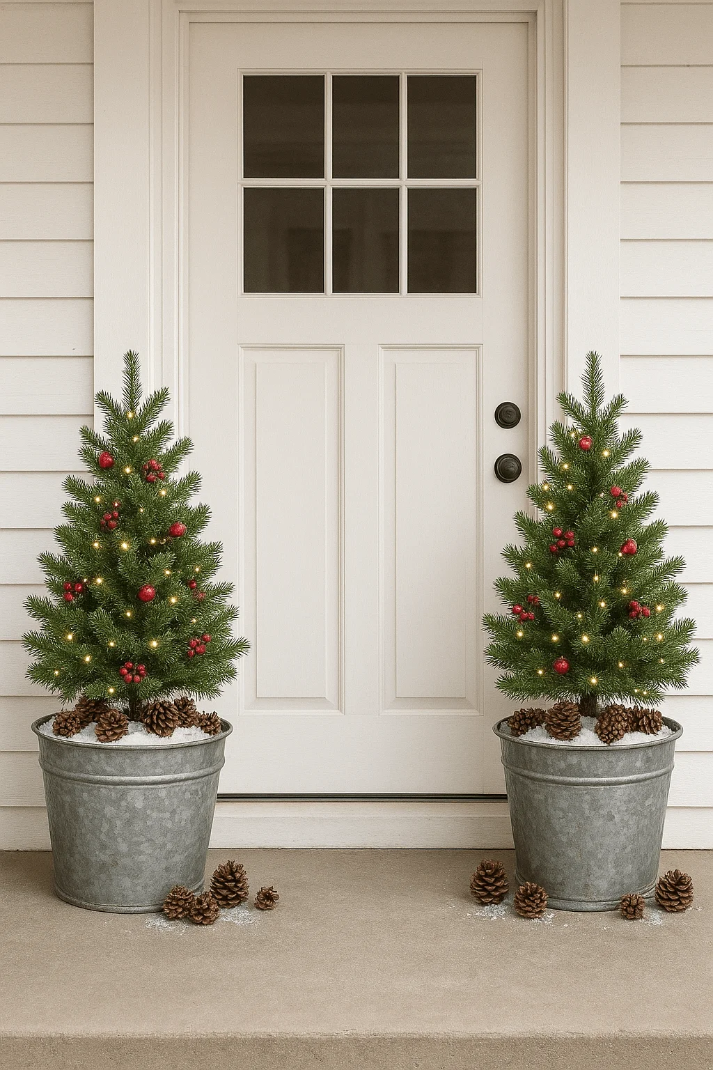 Farmhouse front porch decorated with two mini Christmas trees in galvanized metal planters, adorned with red berries, pinecones, and warm white string lights against a white door.