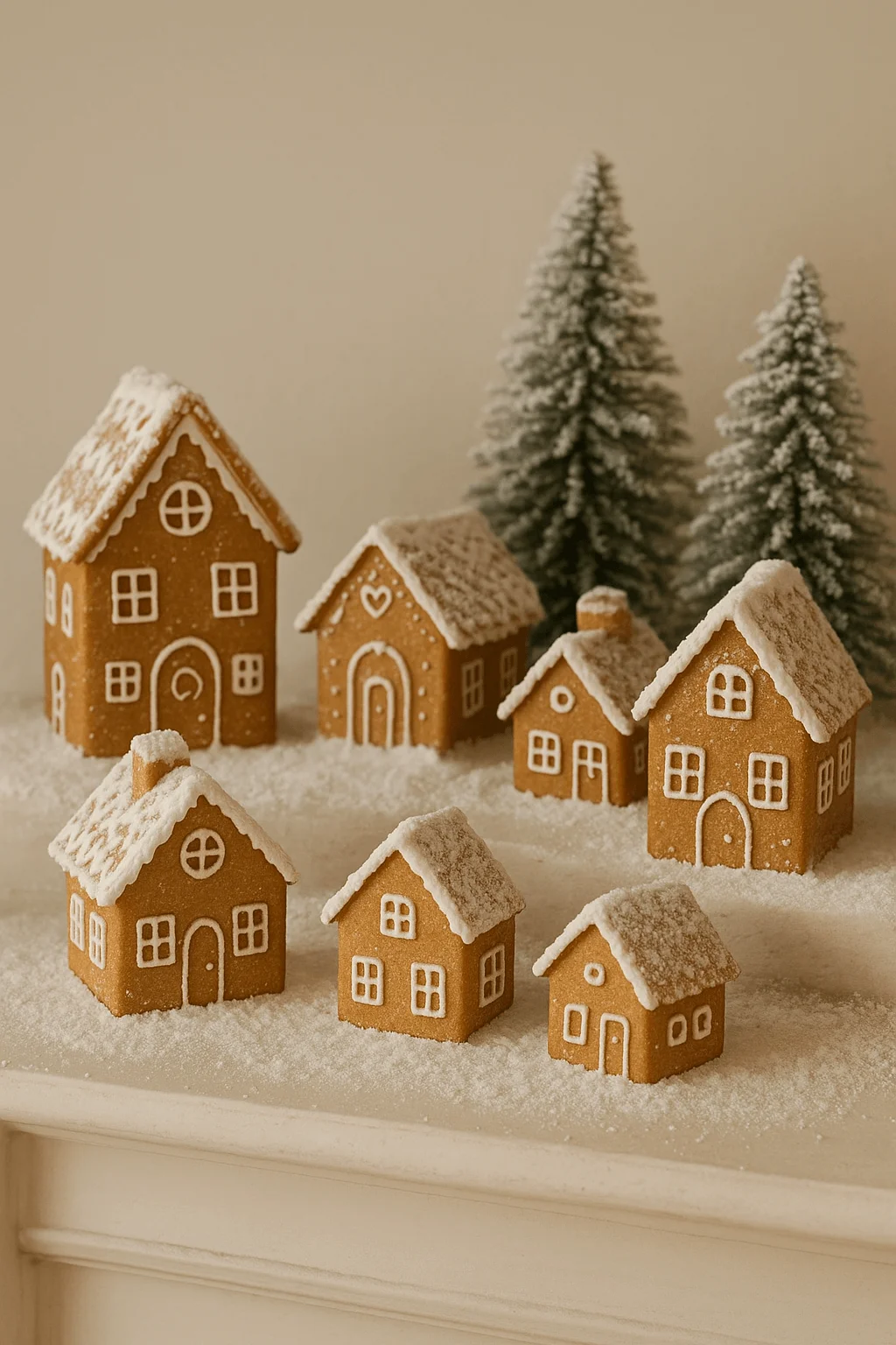 Charming gingerbread village display with frosted cookie houses decorated in white icing, dusted with powdered sugar snow, and set against snowy pine trees.