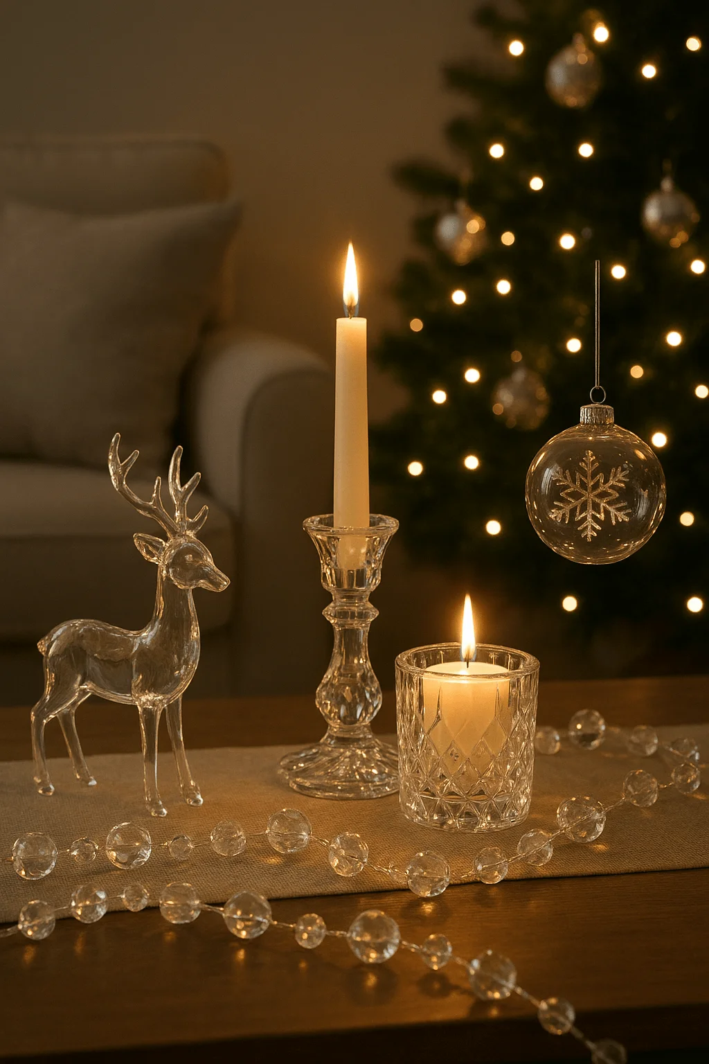 Elegant Christmas table decor with glass reindeer crystal candle holders lit candles and glass ornaments in front of a glowing Christmas tree