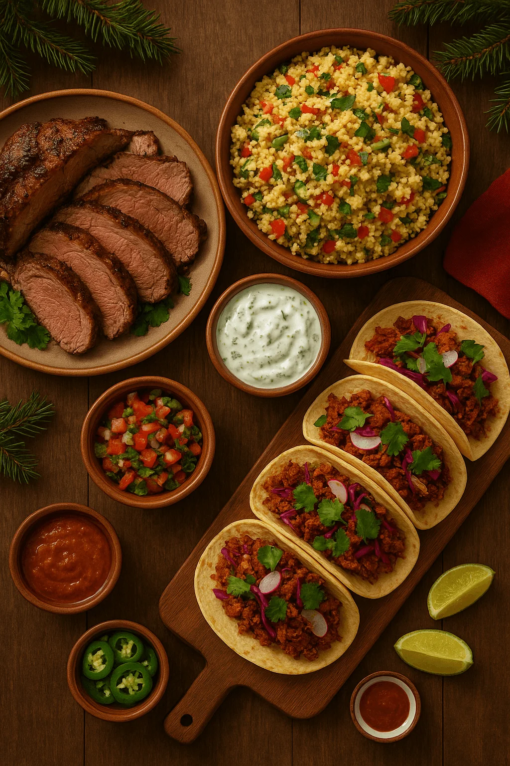 Assorted global comfort food spread featuring tacos with seasoned meat, sliced roast beef, couscous salad, salsa, jalapeños, sauces, and lime wedges on a rustic wooden table.