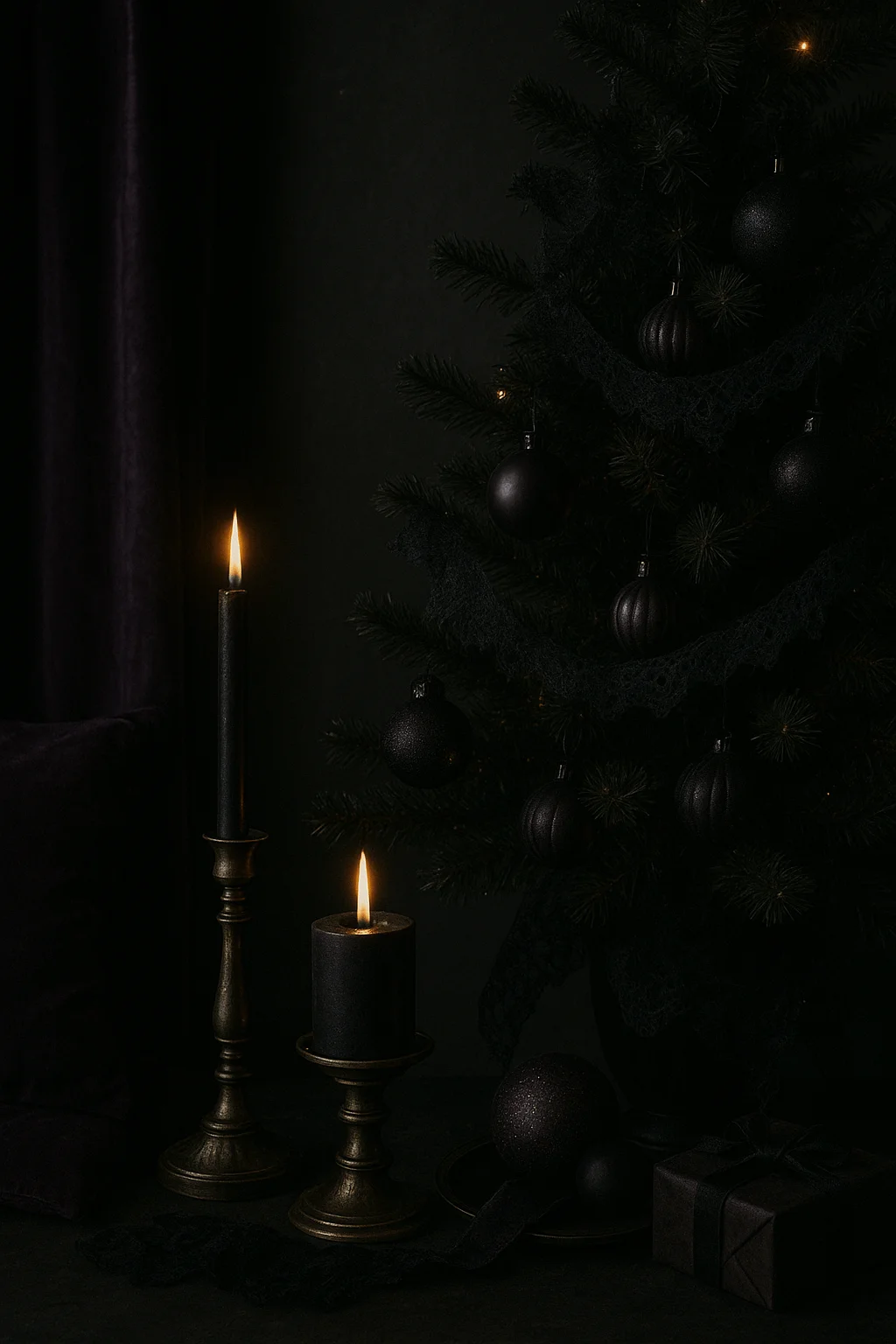 A dramatic Gothmas-inspired holiday setup, featuring a dark Christmas tree adorned with matte black ornaments and lace garlands. The scene is lit by the warm glow of black candles in antique brass holders, blending elegance, mystery, and a touch of gothic romance for a sophisticated moody holiday aesthetic.