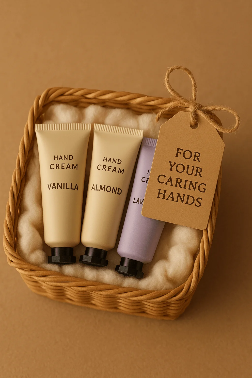 A small woven basket filled with three hand cream tubes labeled vanilla, almond, and lavender, nestled in soft padding with a brown tag reading ‘For your caring hands