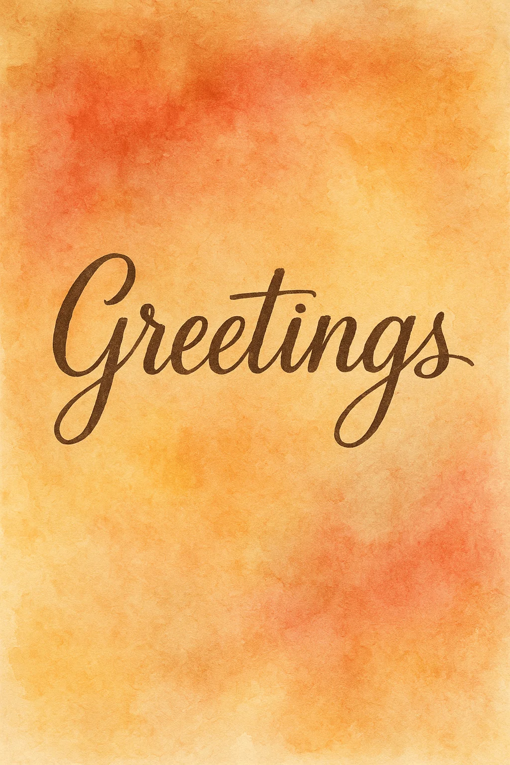 Elegant hand-lettered ‘Greetings’ text on a warm watercolor wash background in shades of orange, yellow, and red, minimalist holiday card or seasonal greeting design