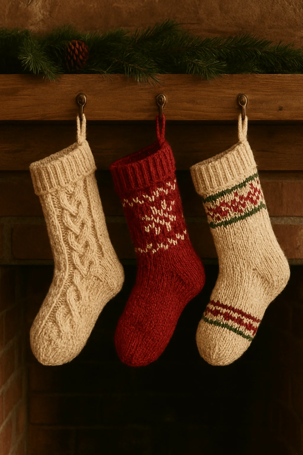 Cozy hand-stitched Christmas stockings in cream, red, and patterned designs hanging from a rustic wooden mantel with greenery.