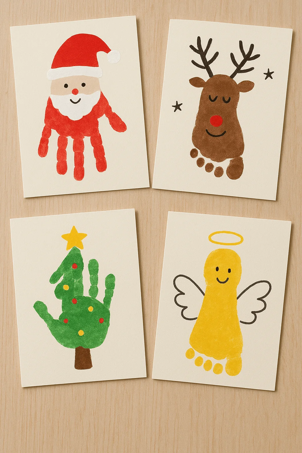 Cute Christmas handprint and footprint card ideas for kids featuring Santa, reindeer, Christmas tree, and angel designs painted on white paper