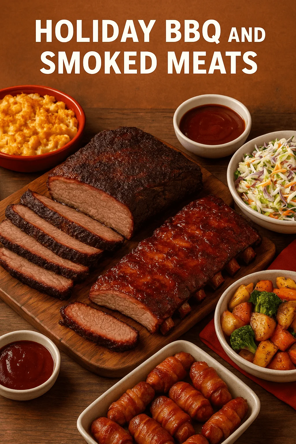 Holiday BBQ and smoked meats platter featuring sliced brisket, glazed ribs, pigs in blankets, roasted vegetables, mac and cheese, coleslaw, and BBQ sauce on a rustic wooden table.