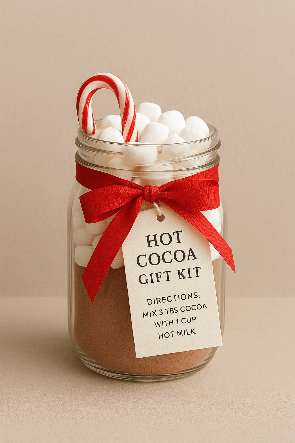 Hot cocoa gift kit in a glass jar filled with cocoa powder, mini marshmallows, and a candy cane, tied with a red ribbon and gift tag showing mixing directions.