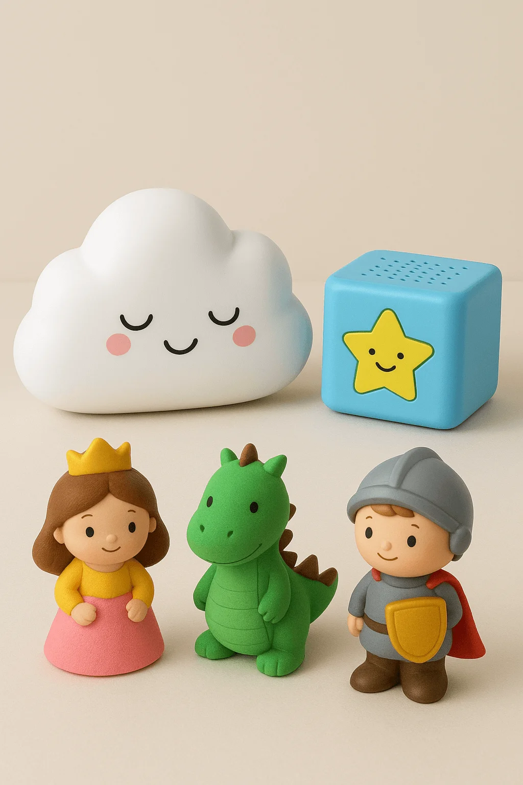 Cute interactive storytelling toys including a smiling white cloud light, a blue speaker cube with a yellow star, and small figurines of a princess, green dragon, and knight arranged on a beige surface