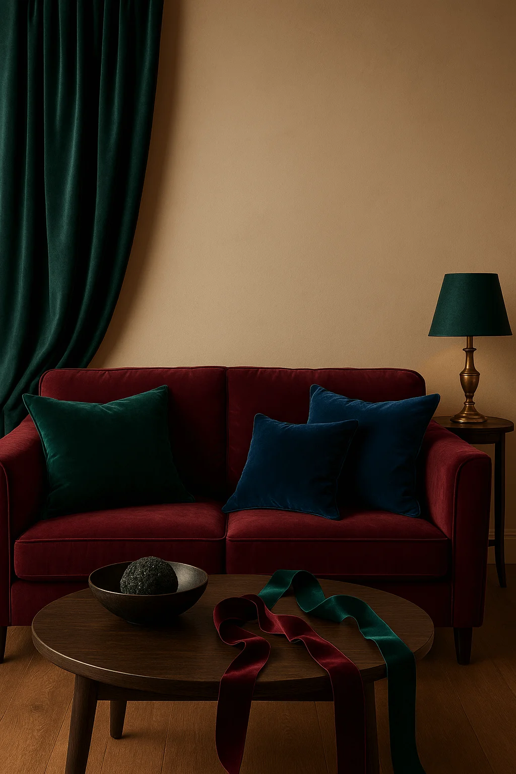Luxurious living room with red velvet sofa green and blue pillows dark wood furniture and emerald green curtains creating a rich festive atmosphere