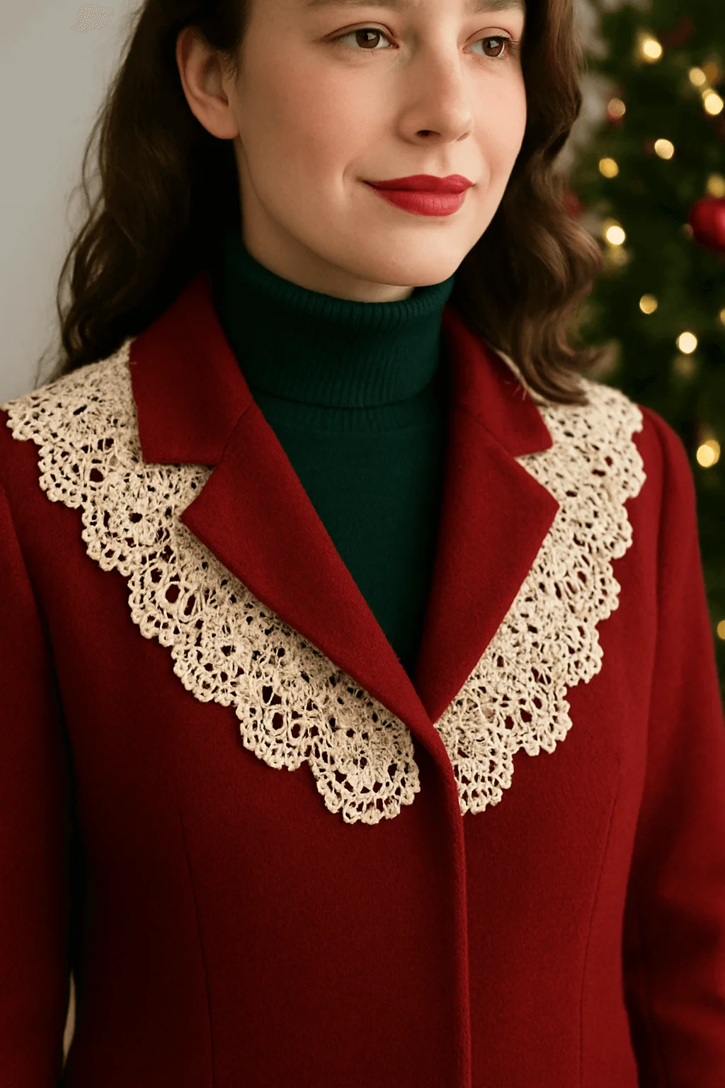 Vintage-inspired red coat with detachable lace doily collar, styled for an elegant Christmas outfit