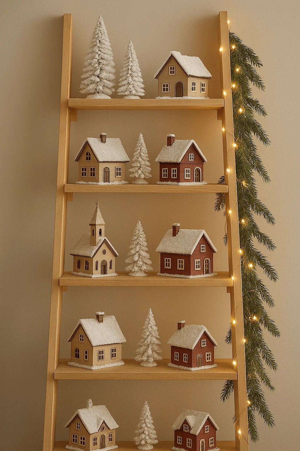 Wooden ladder shelf decorated with miniature snowy houses, white Christmas trees, and string lights with evergreen garland for a cozy holiday display