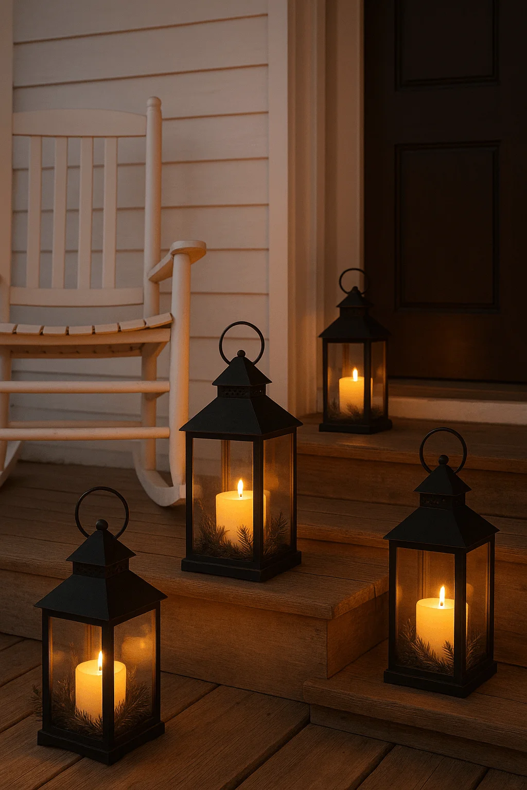 Farmhouse front porch decorated with black metal lanterns holding glowing candles on wooden steps beside a white rocking chair, creating a warm and rustic holiday atmosphere