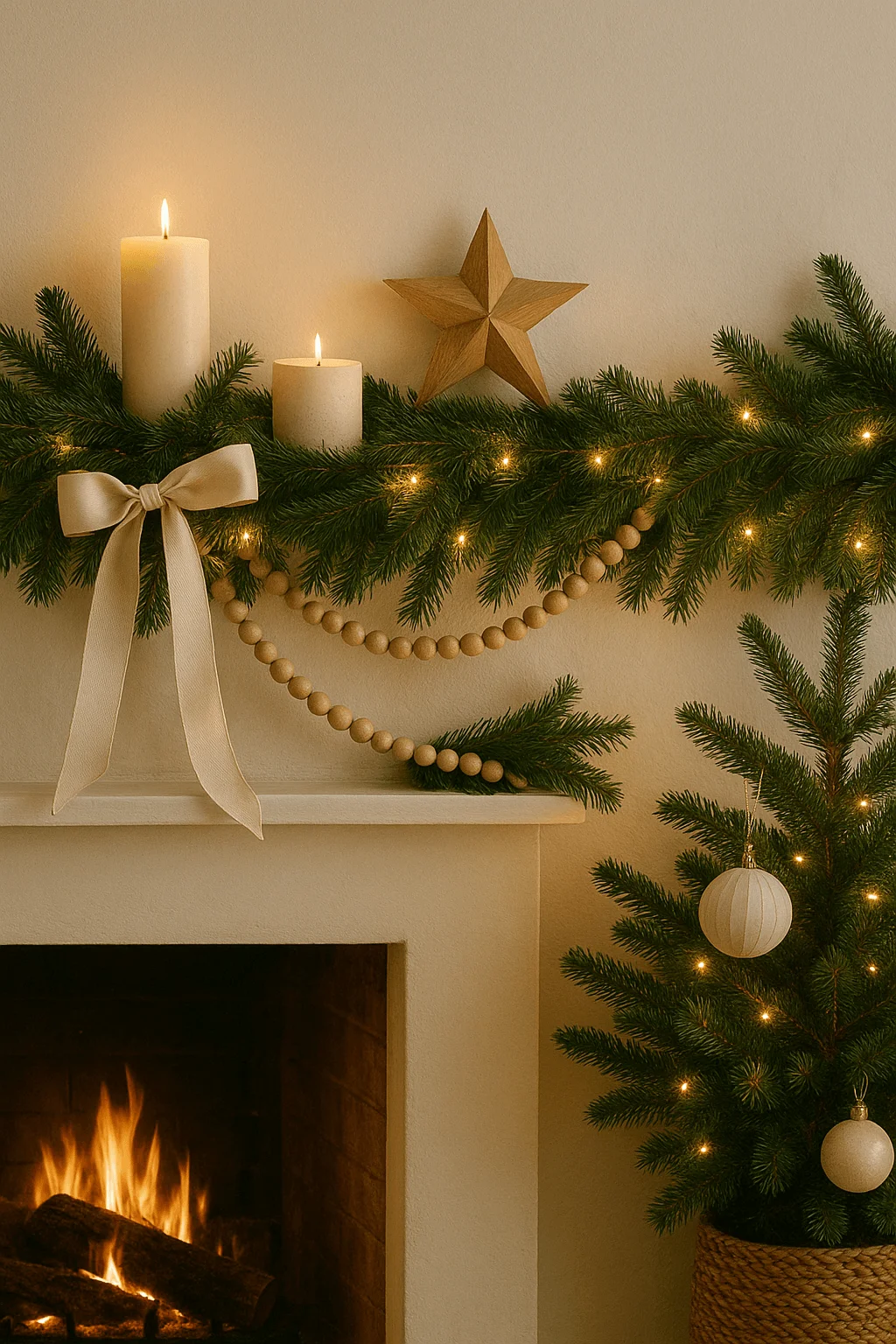 A serene and timeless layered mantel garland setup, showcasing lush evergreen branches draped with soft wood bead garlands, warm twinkle lights, and ivory ribbon bows. Complemented by natural accents like wooden stars and neutral candles, this decor blends Scandinavian simplicity and cozy holiday warmth, perfect for a minimalist Christmas aesthetic.