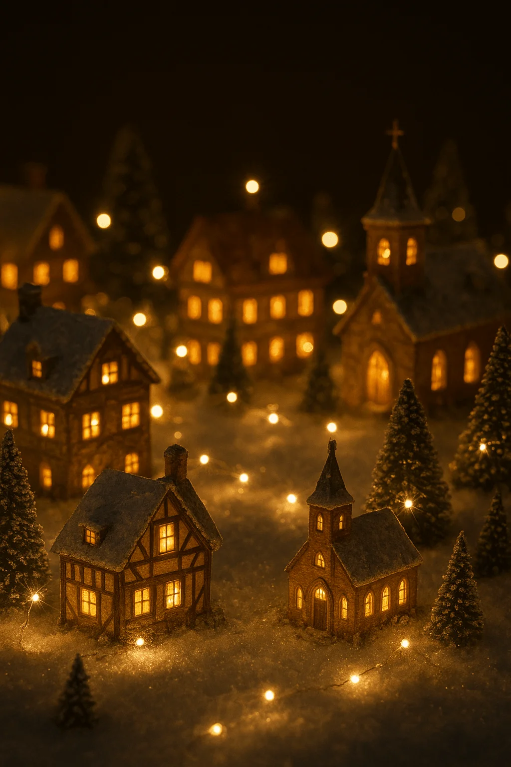 Miniature snowy Christmas village with glowing houses, church, and twinkling string lights creating a warm and magical nighttime holiday scene